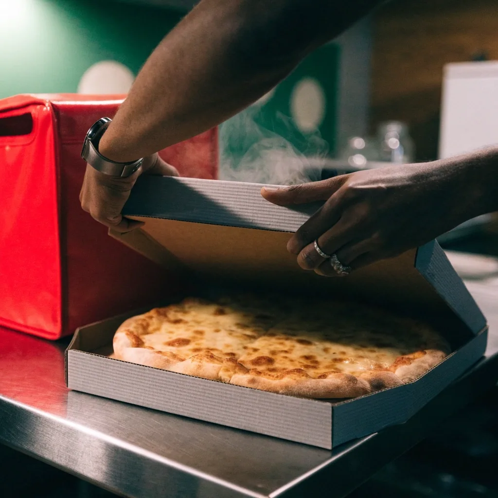 Closing a Dion's pizza box for delivery pickup