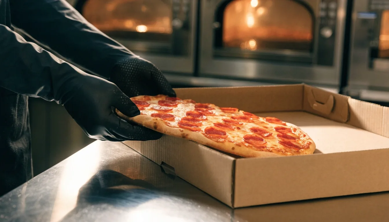 Dion's kitchen packing a pizza for delivery
