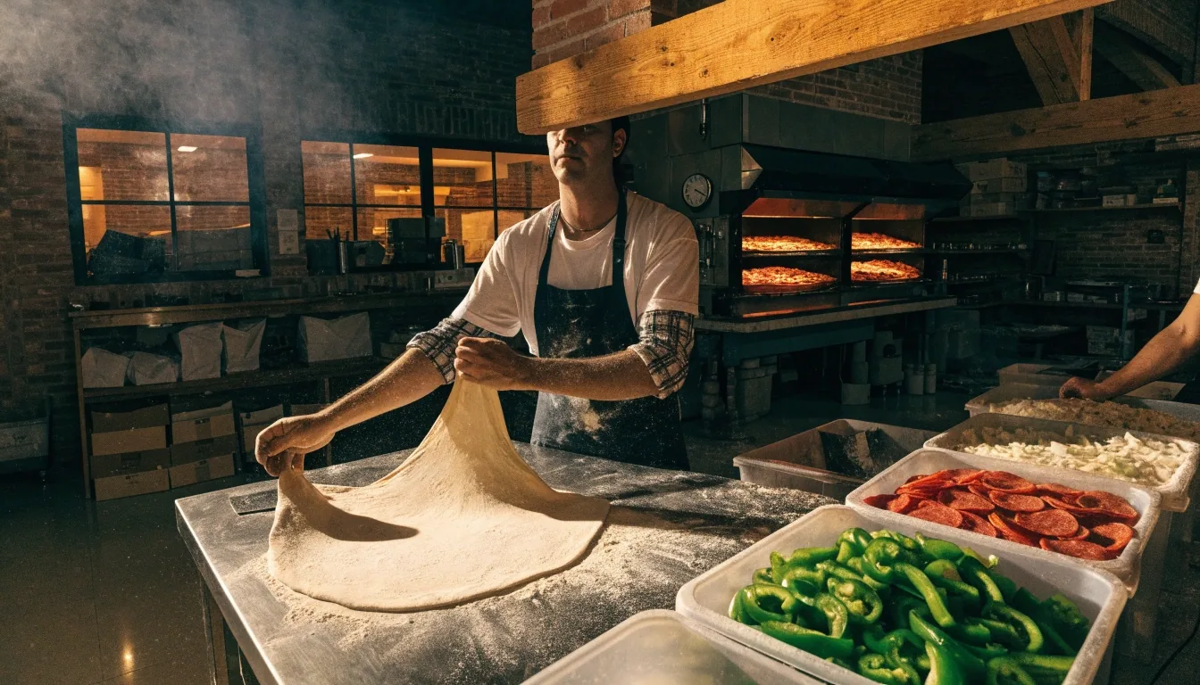 Inside a Dion's restaurant with staff preparing pizzas