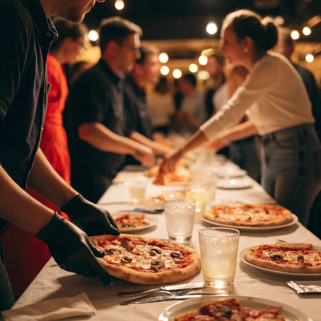 Evening event table with catering pizza ready to serve