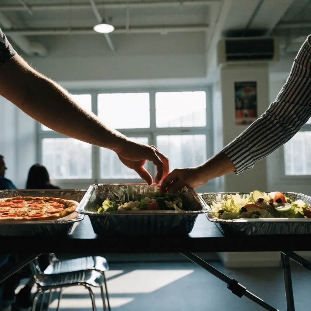 Catering trays set on a table in a meeting room