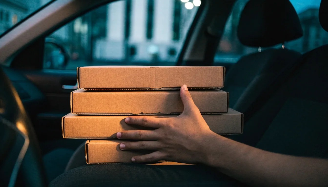 Driver loading delivery bags into a car at dusk
