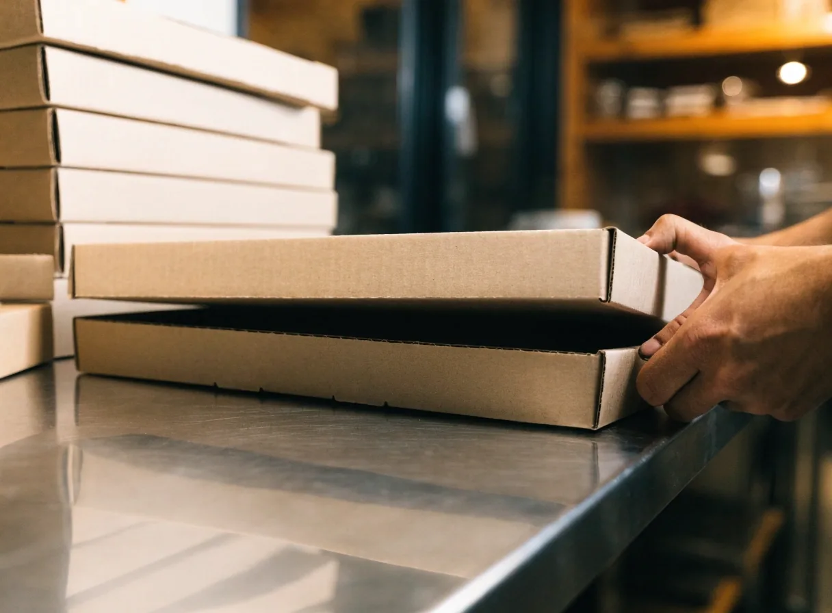 Hands folding a pizza box on a prep counter