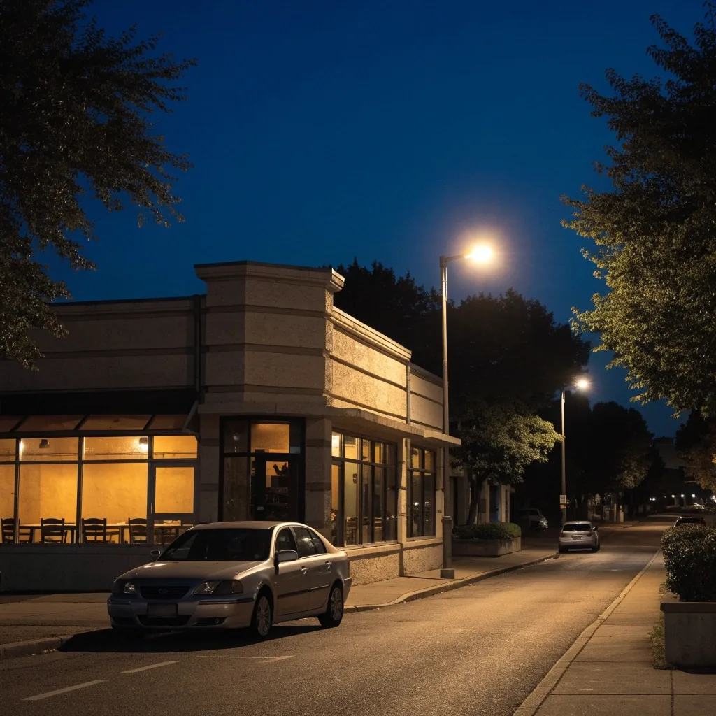 Neighborhood pizza restaurant exterior at night