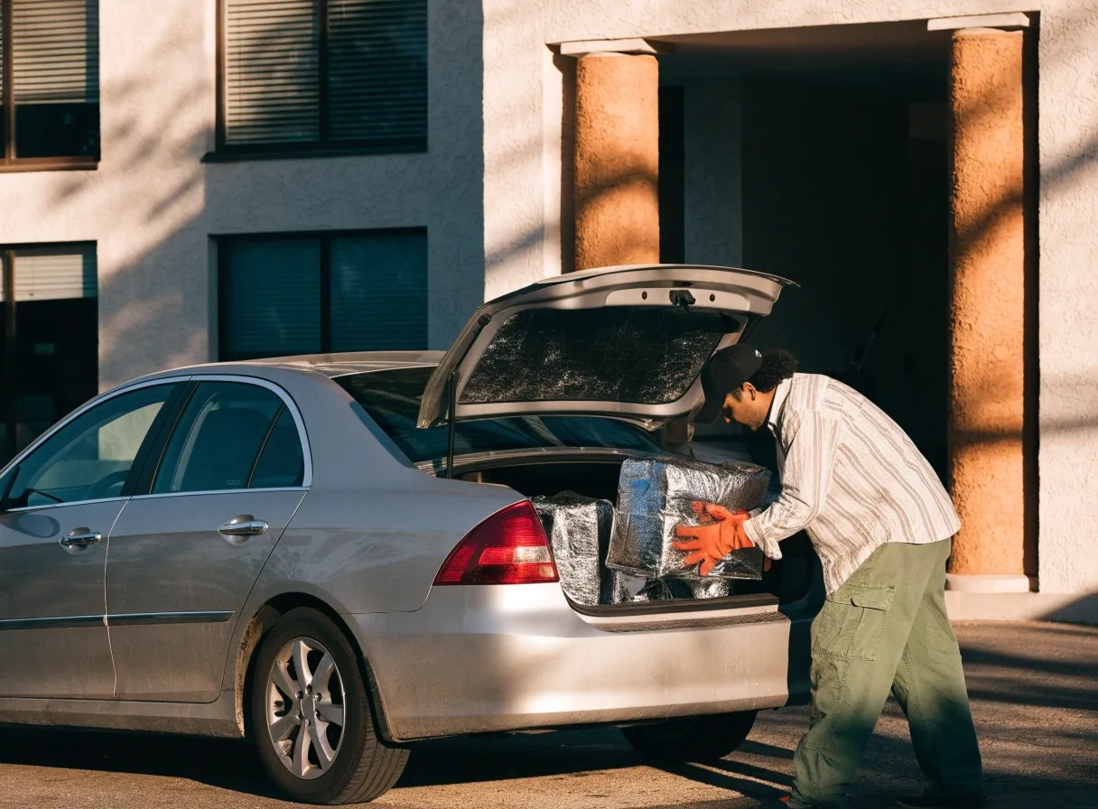Driver loading delivery bags outside a Dion's store