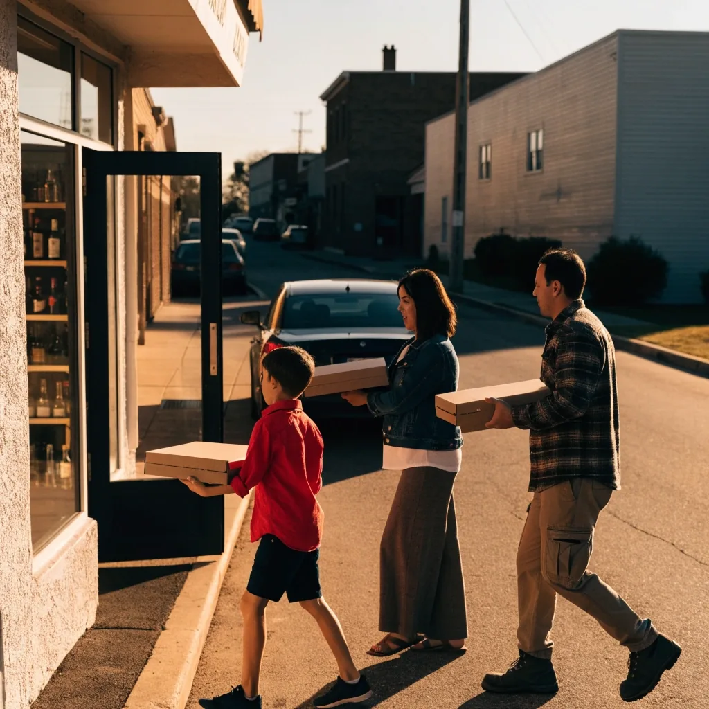 Family picking up pizza outside a small-town Dion's storefront