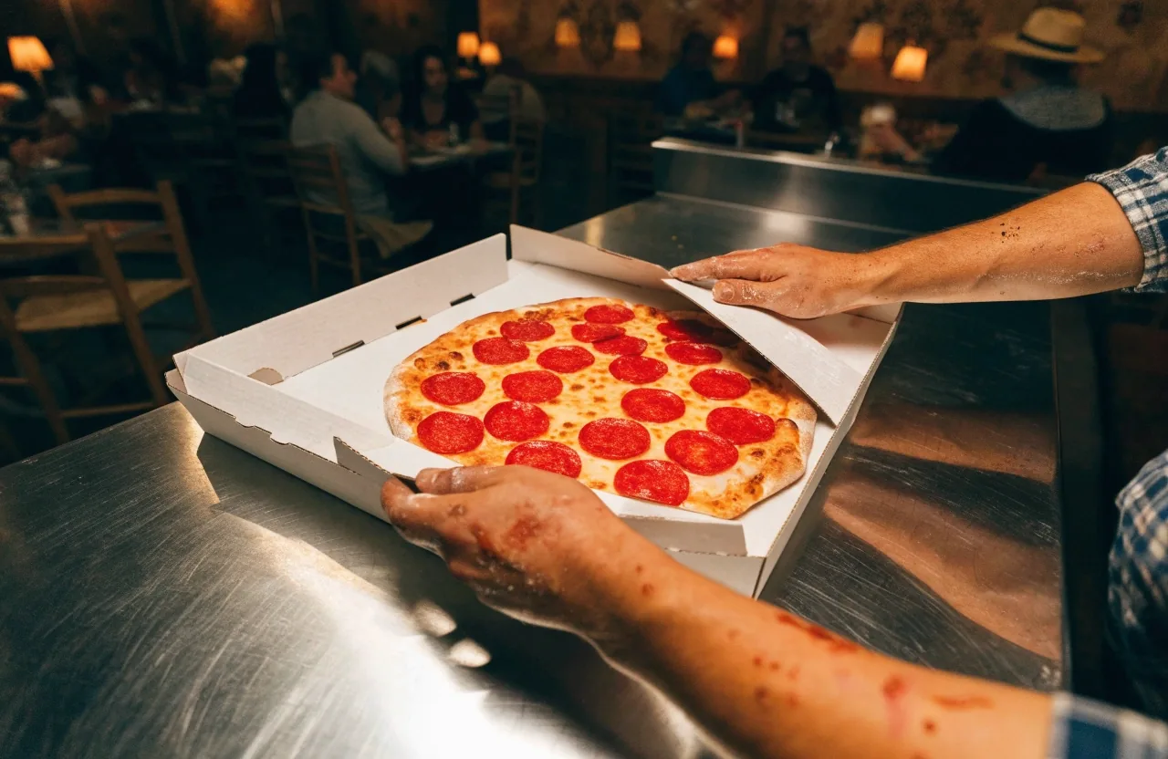 Hands boxing a fresh pizza on a counter