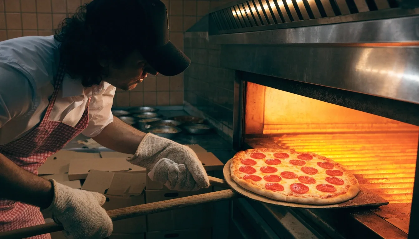 Pizza coming out of the oven at a Las Cruces Dion's kitchen