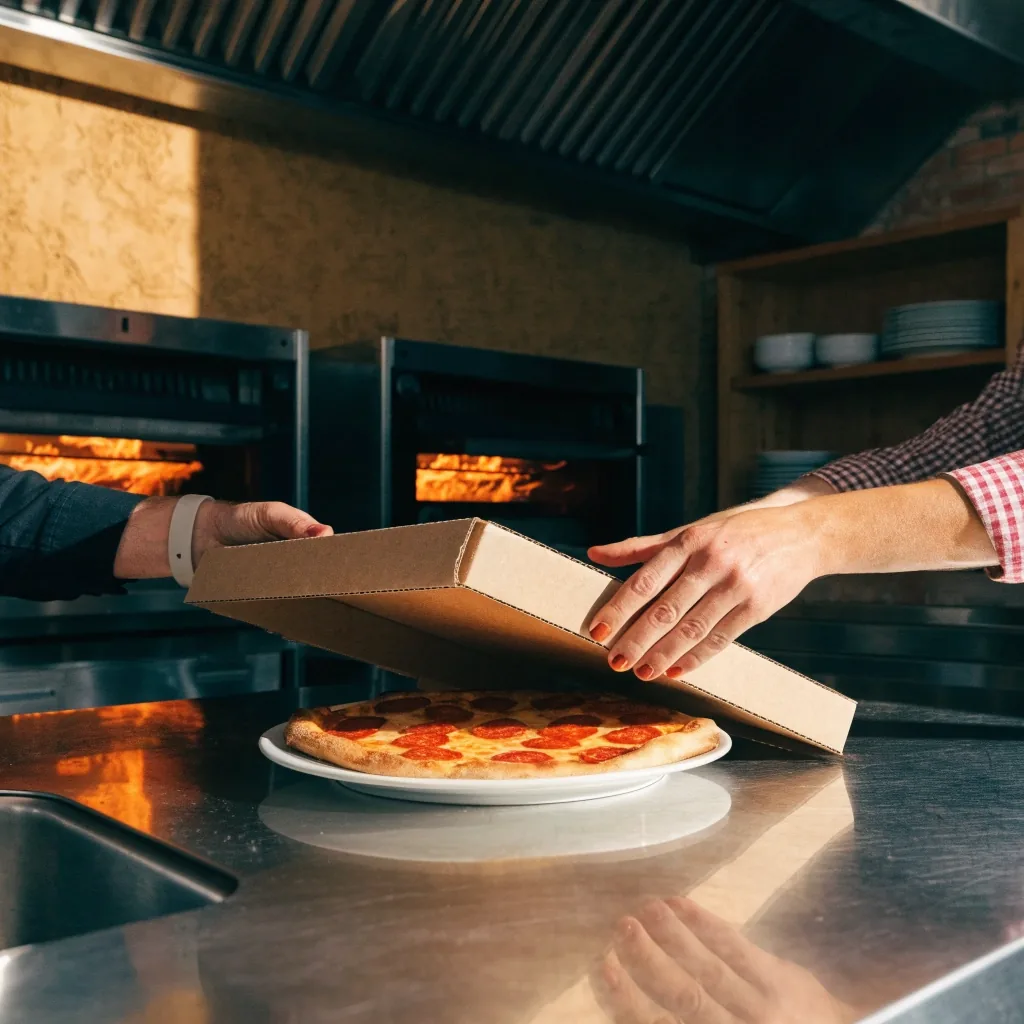 Dion's kitchen staff boxing a fresh pizza for delivery