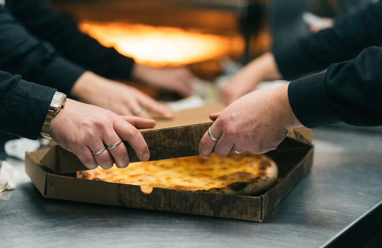 Closing a Dion's pizza box for pickup at the counter