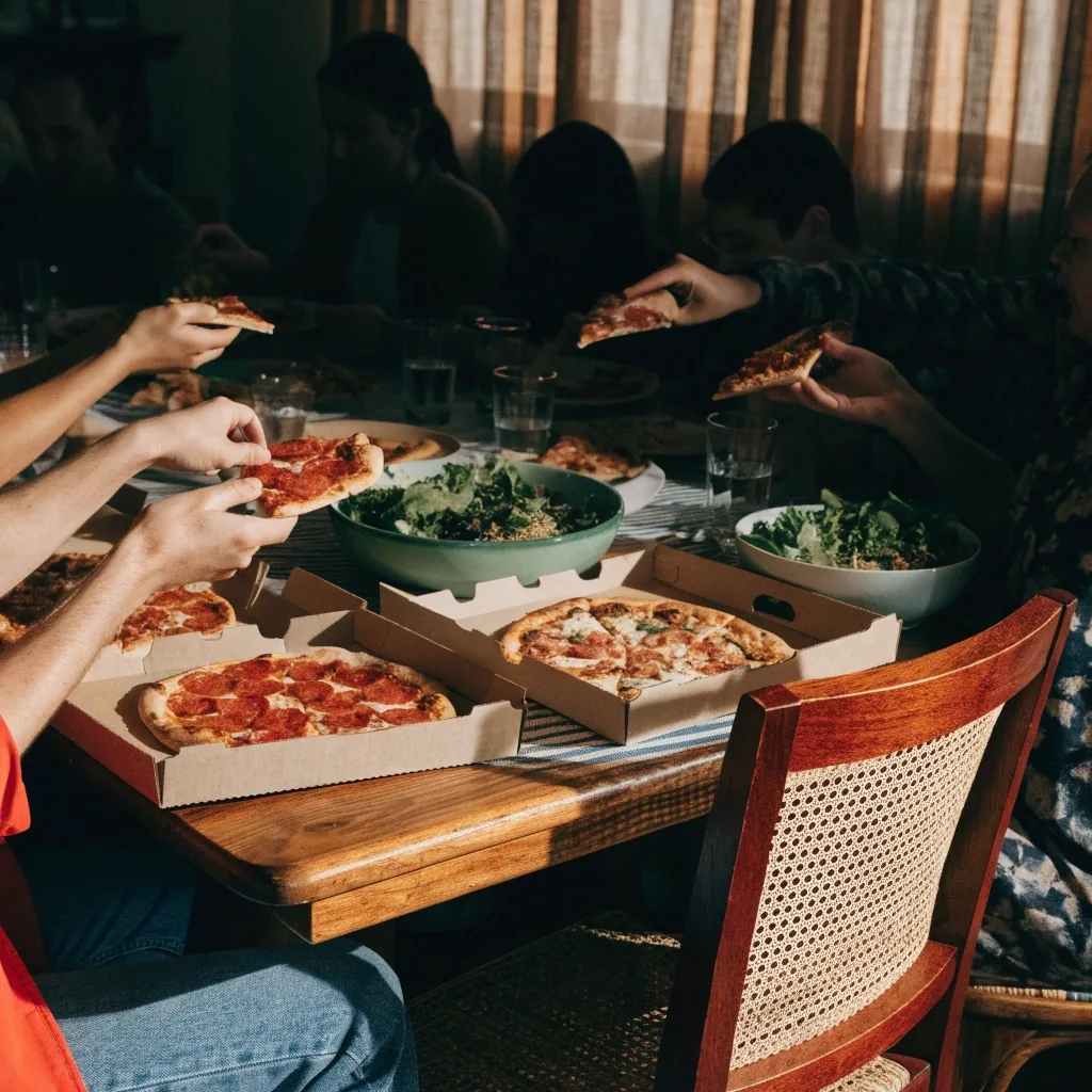 Dion's pizza and salads spread on a home table for a group order