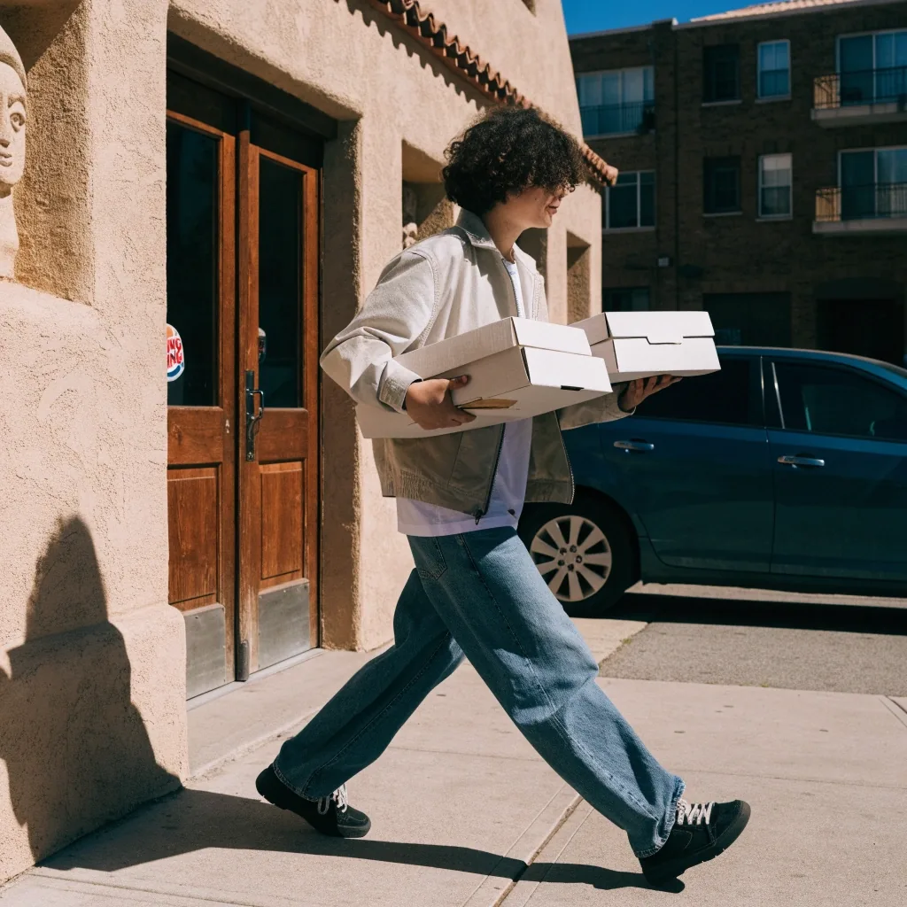 DoorDash driver carrying a Dion's delivery to a front door
