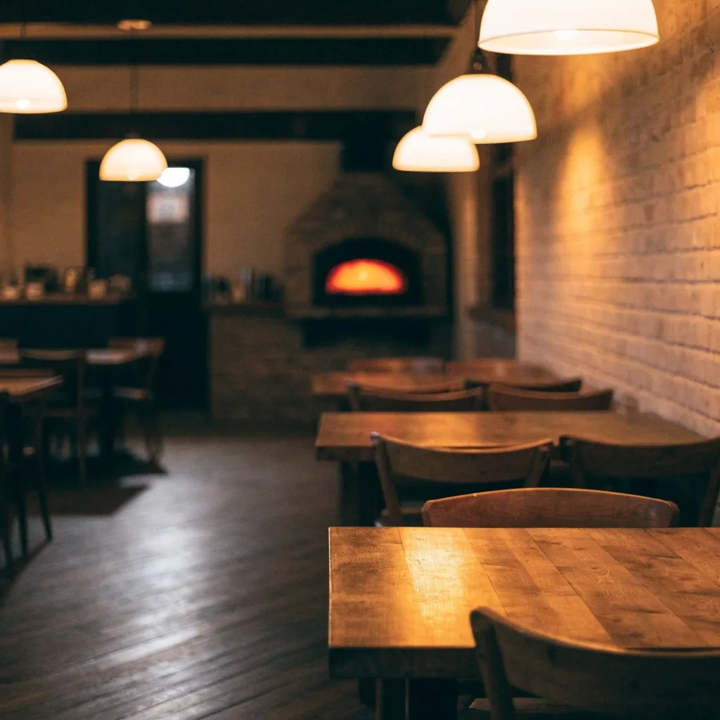 Quiet dining room of a neighborhood pizza restaurant
