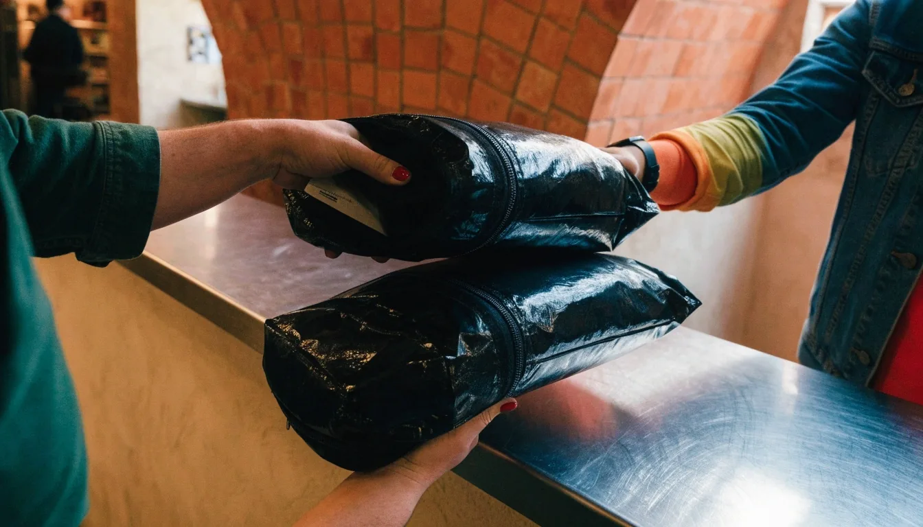 Counter handoff of insulated delivery bags inside a pizza shop