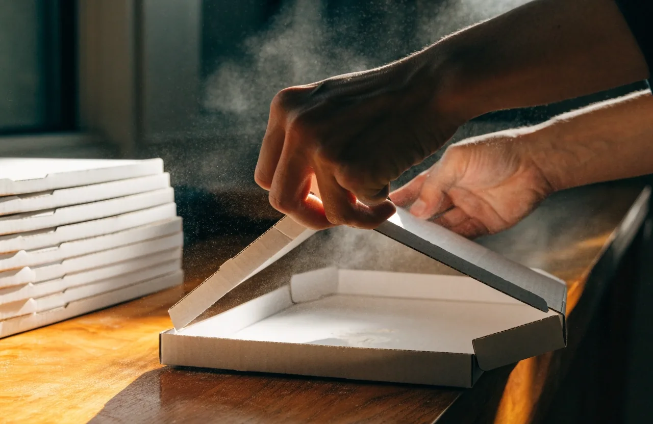 Hands folding a pizza box on a restaurant counter